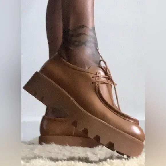 Zara Unisex Leather Brown Loafers Chunky Heel M 7 Zara + High Heel Leather Platform Loafers main image 2